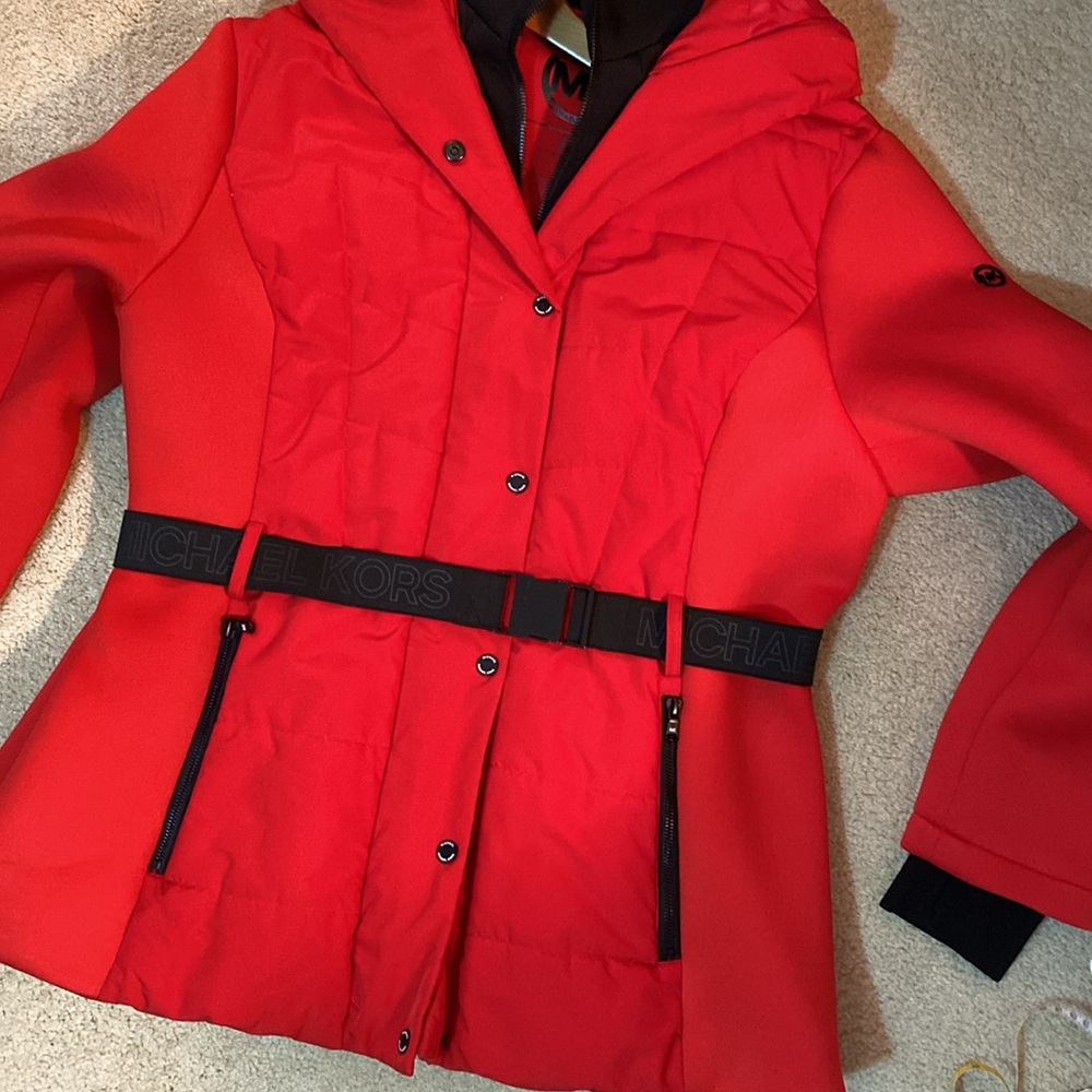 🔥 Michael Kors XL Red 🔥 Belted Winter Coat Jacket Hood